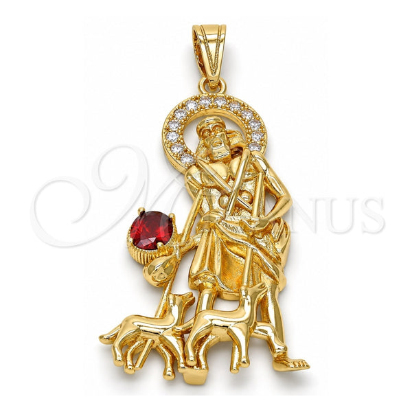 Oro Laminado Religious Pendant, Gold Filled Style San Lazaro Design, with White and Garnet Cubic Zirconia, Polished, Golden Finish, 05.120.0037
