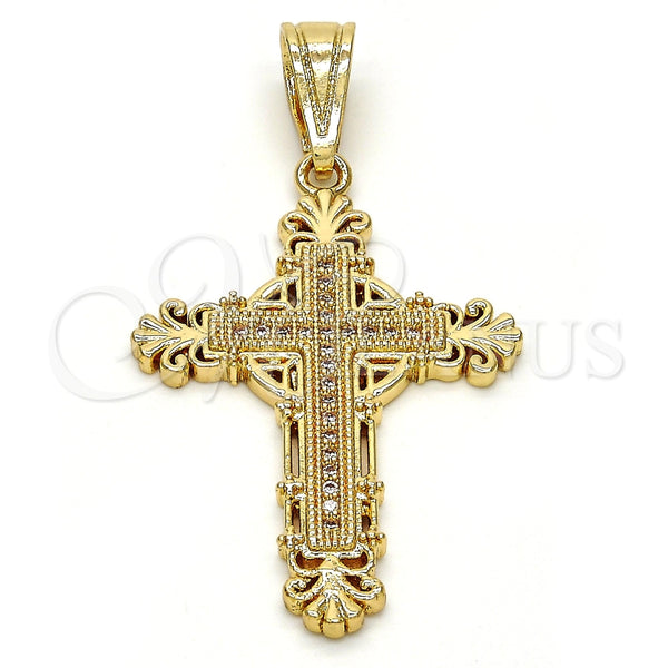 Oro Laminado Religious Pendant, Gold Filled Style Cross Design, with White Micro Pave, Polished, Golden Finish, 05.120.0048