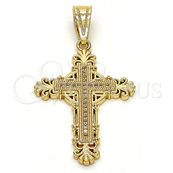 Oro Laminado Religious Pendant, Gold Filled Style Cross Design, with White Micro Pave, Polished, Golden Finish, 05.120.0048