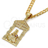 Oro Laminado Religious Pendant, Gold Filled Style Santa Barbara Design, with Garnet Cubic Zirconia, Polished, Golden Finish, 05.120.0051