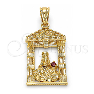 Oro Laminado Religious Pendant, Gold Filled Style Santa Barbara Design, with Garnet Cubic Zirconia, Polished, Golden Finish, 05.120.0051