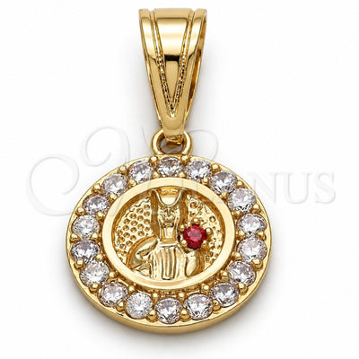 Oro Laminado Religious Pendant, Gold Filled Style Santa Barbara Design, with White and Garnet Cubic Zirconia, Polished, Golden Finish, 05.120.0052