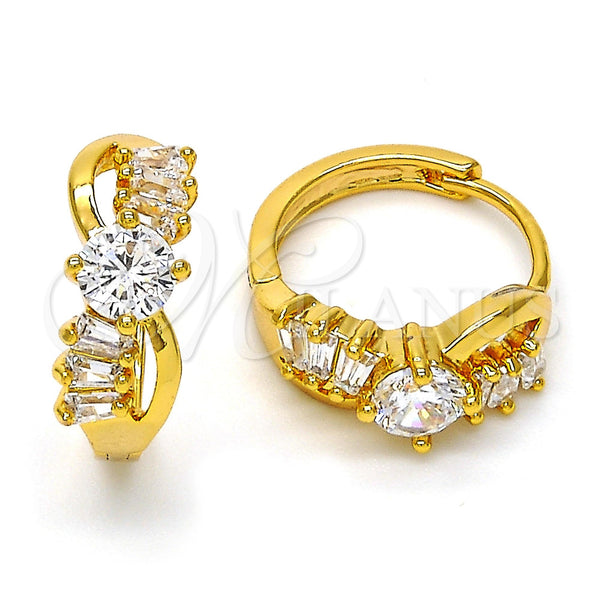 Gold Filled Hoop Earrings — Huggie Hoop Baguette Design with White Cubic Zirconia — main product view — SKU 110116 | Oro Laminado aretes de aro — Huggie Hoop Baguette diseño with blanco Cubic Zirconia — SKU 110116