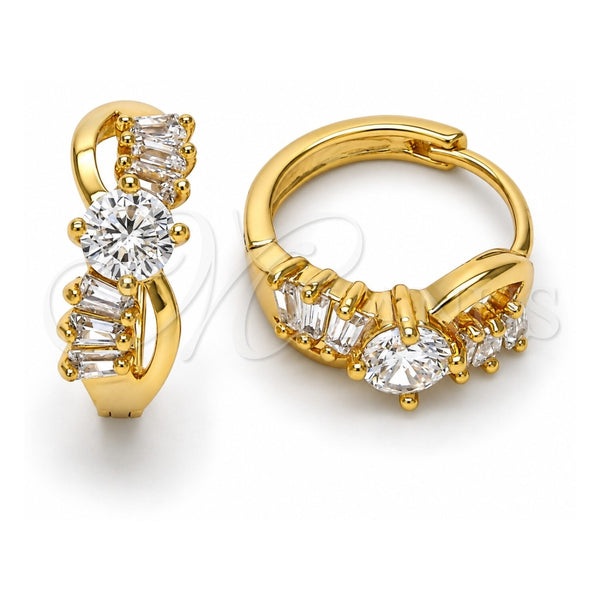 Oro Laminado Huggie Hoop, Gold Filled Style Baguette Design, with White Cubic Zirconia, Polished, Golden Finish, 02.237.0026.15