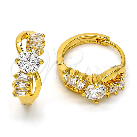 Oro Laminado Huggie Hoop, Gold Filled Style Baguette Design, with White Cubic Zirconia, Polished, Golden Finish, 02.237.0026.15