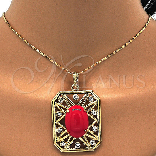 Oro Laminado Earring and Pendant Adult Set, Gold Filled Style with Ruby Opal and White Crystal, Resin Finish, Golden Finish, 10.262.0007.3