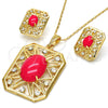 Oro Laminado Earring and Pendant Adult Set, Gold Filled Style with Ruby Opal and White Crystal, Resin Finish, Golden Finish, 10.262.0007.3