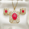 Oro Laminado Earring and Pendant Adult Set, Gold Filled Style with Ruby Opal and White Crystal, Resin Finish, Golden Finish, 10.262.0007.3