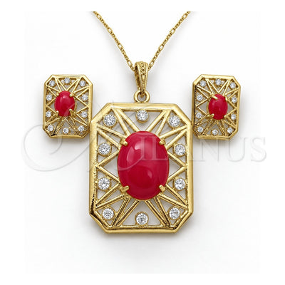 Oro Laminado Earring and Pendant Adult Set, Gold Filled Style with Ruby Opal and White Crystal, Resin Finish, Golden Finish, 10.262.0007.3