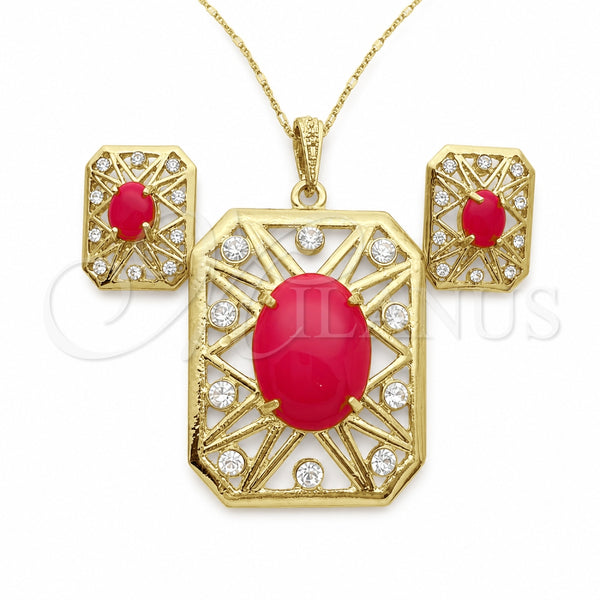 Oro Laminado Earring and Pendant Adult Set, Gold Filled Style with Ruby Opal and White Crystal, Resin Finish, Golden Finish, 10.262.0007.3