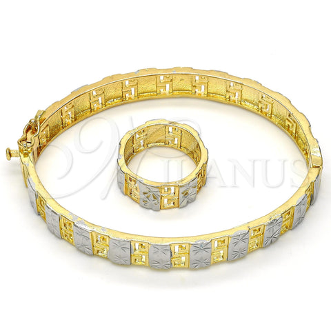 Oro Laminado Set Bangle, Gold Filled Style Greek Key and Flower Design, Diamond Cutting Finish, Two Tone, 13.99.0003.05.07 (09 MM Thickness, Size 7 (3.00 Diameter))