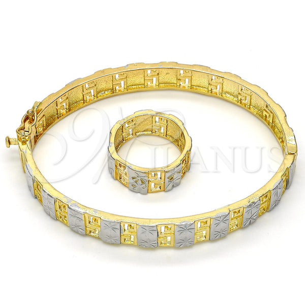 Oro Laminado Set Bangle, Gold Filled Style Greek Key and Flower Design, Diamond Cutting Finish, Two Tone, 13.99.0003.05.09 (09 MM Thickness, Size 5 (2.50 Diameter))
