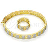 Oro Laminado Set Bangle, Gold Filled Style Greek Key and Flower Design, Diamond Cutting Finish, Two Tone, 13.99.0003.05.09 (09 MM Thickness, Size 5 (2.50 Diameter))