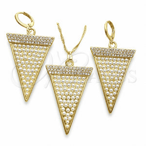 Oro Laminado Earring and Pendant Adult Set, Gold Filled Style with White Crystal and Ivory Pearl, Polished, Golden Finish, 10.99.0009