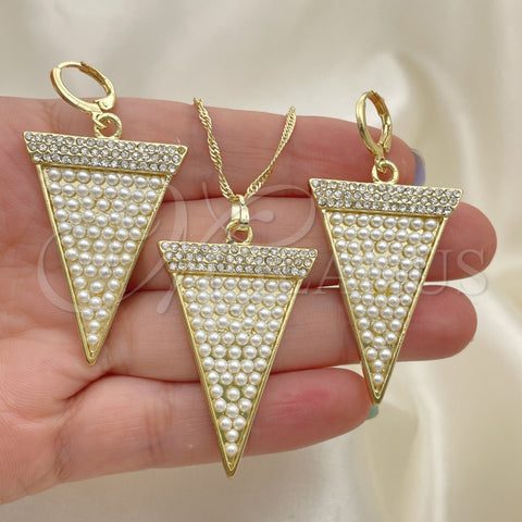 Oro Laminado Earring and Pendant Adult Set, Gold Filled Style with White Crystal and Ivory Pearl, Polished, Golden Finish, 10.99.0009