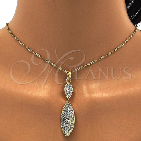 Oro Laminado Earring and Pendant Adult Set, Gold Filled Style Twist Design, with White Crystal, Polished, Golden Finish, 10.99.0010