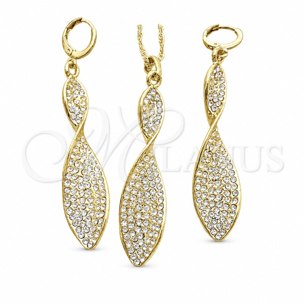 Oro Laminado Earring and Pendant Adult Set, Gold Filled Style Twist Design, with White Crystal, Polished, Golden Finish, 10.99.0010