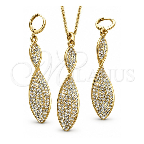 Oro Laminado Earring and Pendant Adult Set, Gold Filled Style Twist Design, with White Crystal, Polished, Golden Finish, 10.99.0010