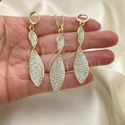 Oro Laminado Earring and Pendant Adult Set, Gold Filled Style Twist Design, with White Crystal, Polished, Golden Finish, 10.99.0010