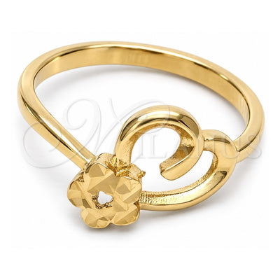Oro Laminado Elegant Ring, Gold Filled Style Flower and Heart Design, Diamond Cutting Finish, Golden Finish, 01.63.0563.06 (Size 6)
