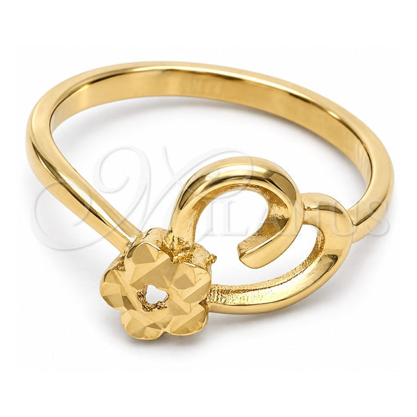 Oro Laminado Elegant Ring, Gold Filled Style Flower and Heart Design, Diamond Cutting Finish, Golden Finish, 01.63.0563.06 (Size 6)
