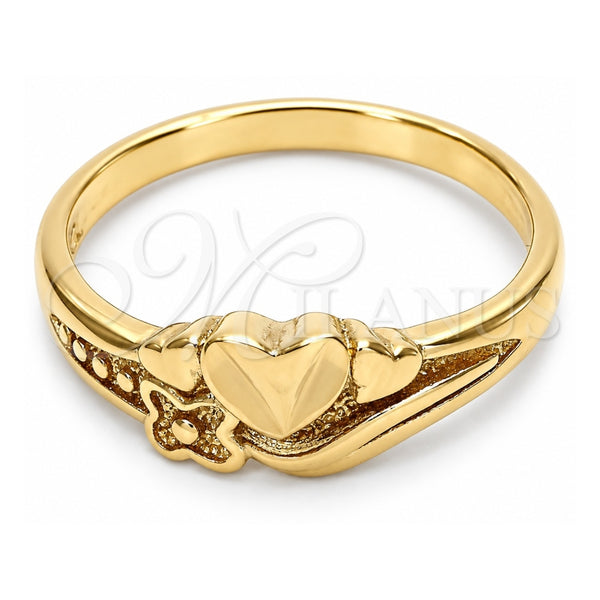 Oro Laminado Elegant Ring, Gold Filled Style Flower and Heart Design, Diamond Cutting Finish, Golden Finish, 01.63.0569.06 (Size 6)