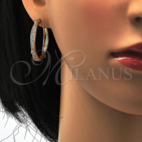 Gold Filled Hoop Earrings — Huggie Hoop Flower Design with White Micro Pave — alternate product view — SKU 111001 | Oro Laminado aretes de aro — Huggie Hoop flor diseño with blanco Micro Pave — SKU 111001