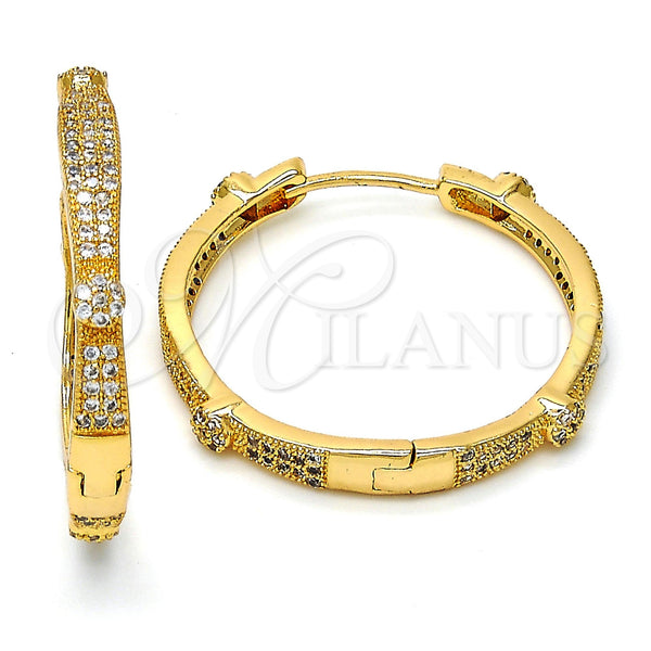 Gold Filled Hoop Earrings — Huggie Hoop Flower Design with White Micro Pave — main product view — SKU 111001 | Oro Laminado aretes de aro — Huggie Hoop flor diseño with blanco Micro Pave — SKU 111001