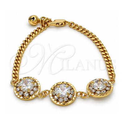 Oro Laminado Fancy Bracelet, Gold Filled Style Flower and Rattle Charm Design, with White Crystal, Polished, Golden Finish, 03.270.0001.07 (04 MM Thickness, 7 Inches Length)