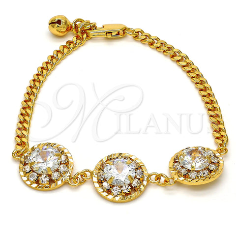 Gold Tone Fancy Bracelet, Flower and Rattle Charm Design, with White Crystal, Polished, Golden Finish, 03.270.0001.07.GT (04 MM Thickness, 7 Inches Length)