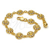 Oro Laminado Fancy Bracelet, Gold Filled Style Flower and Rattle Charm Design, with White Crystal, Polished, Golden Finish, 03.270.0004.07 (10 MM Thickness, 7 Inches Length)