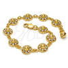 Gold Tone Fancy Bracelet, Flower and Rattle Charm Design, with White Crystal, Polished, Golden Finish, 03.270.0004.07.GT (10 MM Thickness, 7 Inches Length)