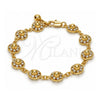 Oro Laminado Fancy Bracelet, Gold Filled Style Flower and Rattle Charm Design, with White Crystal, Polished, Golden Finish, 03.270.0004.07 (10 MM Thickness, 7 Inches Length)