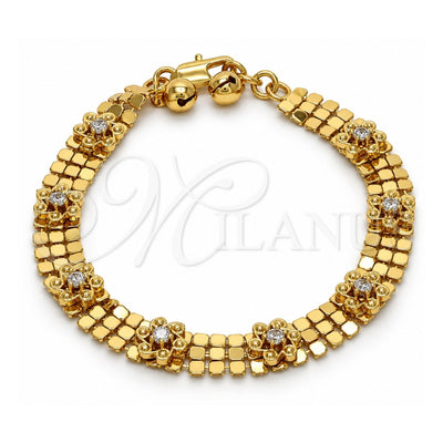 Oro Laminado Fancy Bracelet, Gold Filled Style Flower and Rattle Charm Design, with White Crystal, Polished, Golden Finish, 03.270.0005.07 (08 MM Thickness, 7 Inches Length)