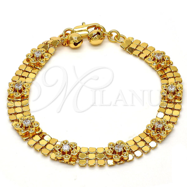 Gold Tone Fancy Bracelet, Flower and Rattle Charm Design, with White Crystal, Polished, Golden Finish, 03.270.0005.07.GT (08 MM Thickness, 7 Inches Length)