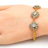 Gold Tone Fancy Bracelet, Flower and Rattle Charm Design, with White Crystal and White Cubic Zirconia, Diamond Cutting Finish, Golden Finish, 03.270.0006.08.GT (04 MM Thickness, 8 Inches Length)