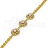 Gold Tone Fancy Bracelet, Flower and Rattle Charm Design, with White Crystal and White Cubic Zirconia, Diamond Cutting Finish, Golden Finish, 03.270.0006.08.GT (04 MM Thickness, 8 Inches Length)