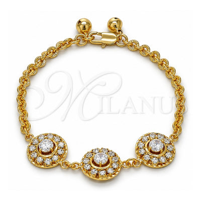 Oro Laminado Fancy Bracelet, Gold Filled Style Flower and Rattle Charm Design, with White Crystal and White Cubic Zirconia, Diamond Cutting Finish, Golden Finish, 03.270.0006.08 (04 MM Thickness, 8 Inches Length)