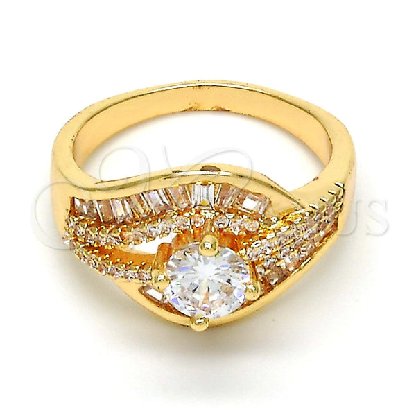 Oro Laminado Multi Stone Ring, Gold Filled Style Baguette Design, with White Cubic Zirconia and White Micro Pave, Polished, Golden Finish, 01.199.0004.09.GT (Size 9)