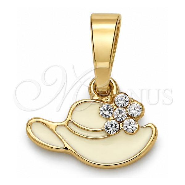 Oro Laminado Fancy Pendant, Gold Filled Style Hat and Flower Design, with White Crystal, White Enamel Finish, Golden Finish, 05.163.0056