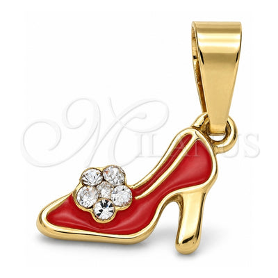 Oro Laminado Fancy Pendant, Gold Filled Style Shoes Design, with White Crystal, Orange Enamel Finish, Golden Finish, 05.163.0057.1