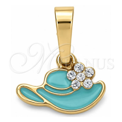 Oro Laminado Fancy Pendant, Gold Filled Style Hat and Flower Design, with White Crystal, Blue Enamel Finish, Golden Finish, 05.163.0056.2