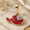 Oro Laminado Fancy Pendant, Gold Filled Style Hat and Flower Design, with White Crystal, Red Enamel Finish, Golden Finish, 05.163.0056.3