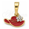 Oro Laminado Fancy Pendant, Gold Filled Style Hat and Flower Design, with White Crystal, Red Enamel Finish, Golden Finish, 05.163.0056.3