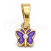 Oro Laminado Fancy Pendant, Gold Filled Style Butterfly Design, with White Crystal, Purple Enamel Finish, Golden Finish, 05.163.0065.2