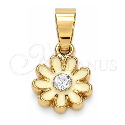 Oro Laminado Fancy Pendant, Gold Filled Style Flower Design, with White Crystal, White Enamel Finish, Golden Finish, 05.163.0072