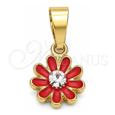 Oro Laminado Fancy Pendant, Gold Filled Style Flower Design, with White Crystal, Dark Pink Enamel Finish, Golden Finish, 05.163.0072.2