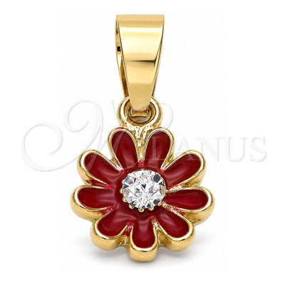 Oro Laminado Fancy Pendant, Gold Filled Style Flower Design, with White Crystal, Red Enamel Finish, Golden Finish, 05.163.0072.3