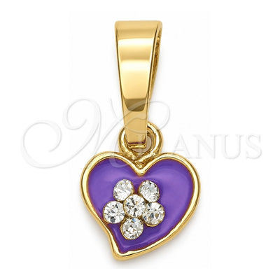 Oro Laminado Fancy Pendant, Gold Filled Style Heart and Flower Design, with White Crystal, Purple Enamel Finish, Golden Finish, 05.163.0081