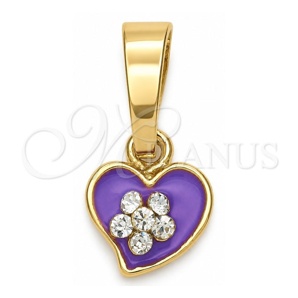 Oro Laminado Fancy Pendant, Gold Filled Style Heart and Flower Design, with White Crystal, Purple Enamel Finish, Golden Finish, 05.163.0081